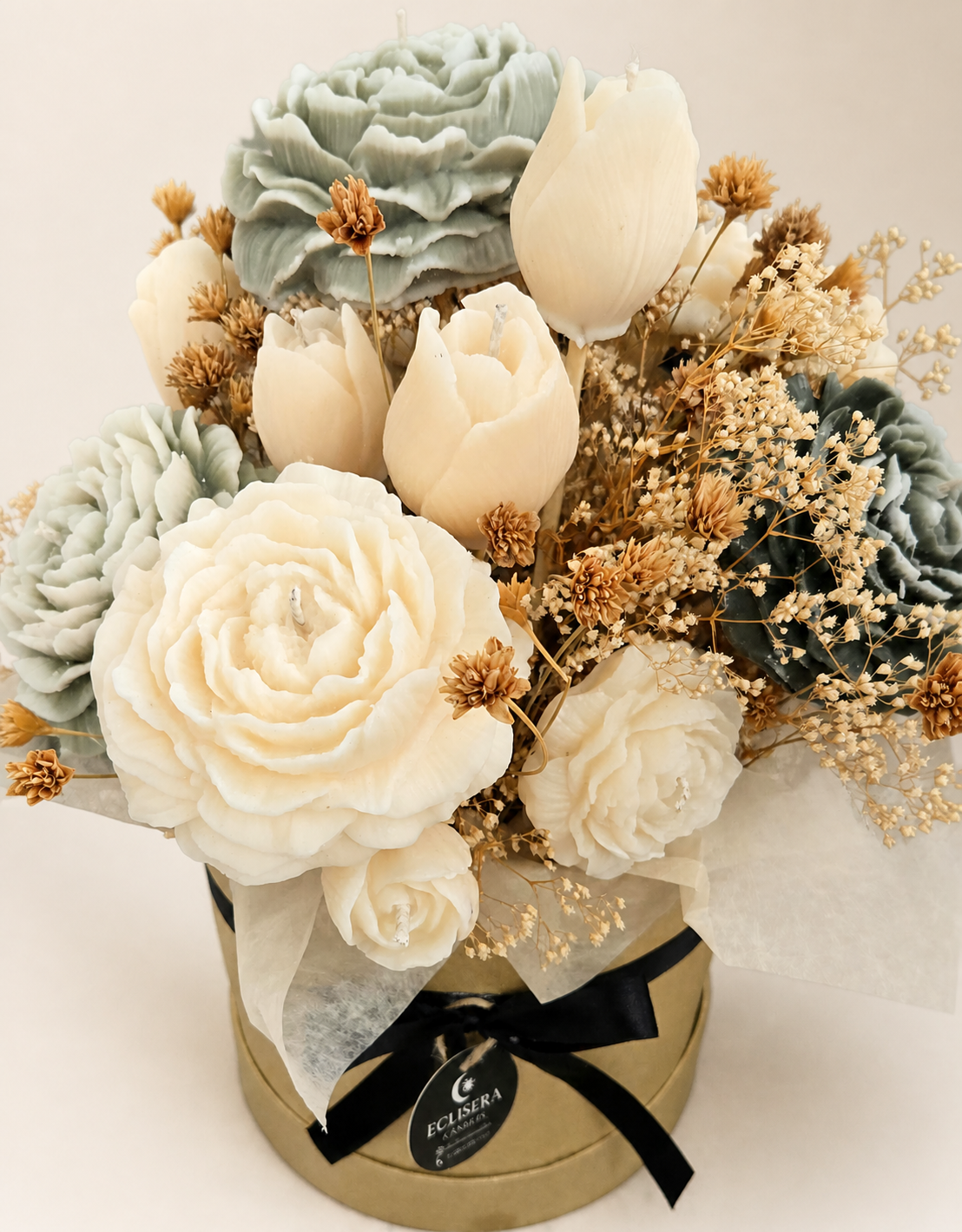 Ivory and soft gray floral candle bouquet with botanical accents