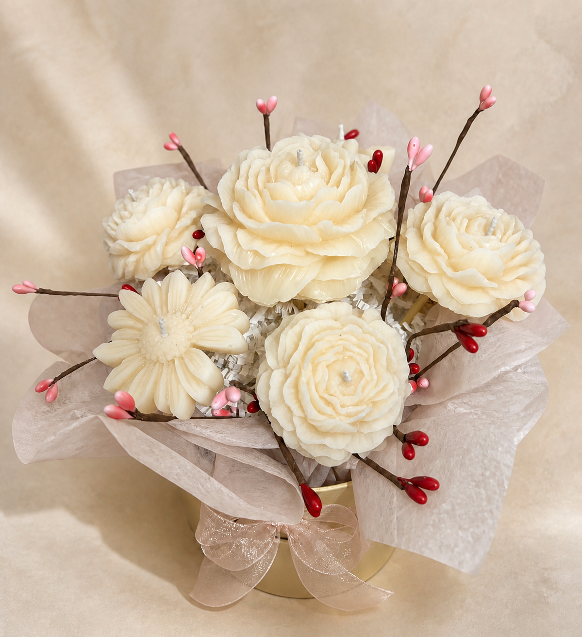 Ivory six-flower candle bouquet in a round presentation box