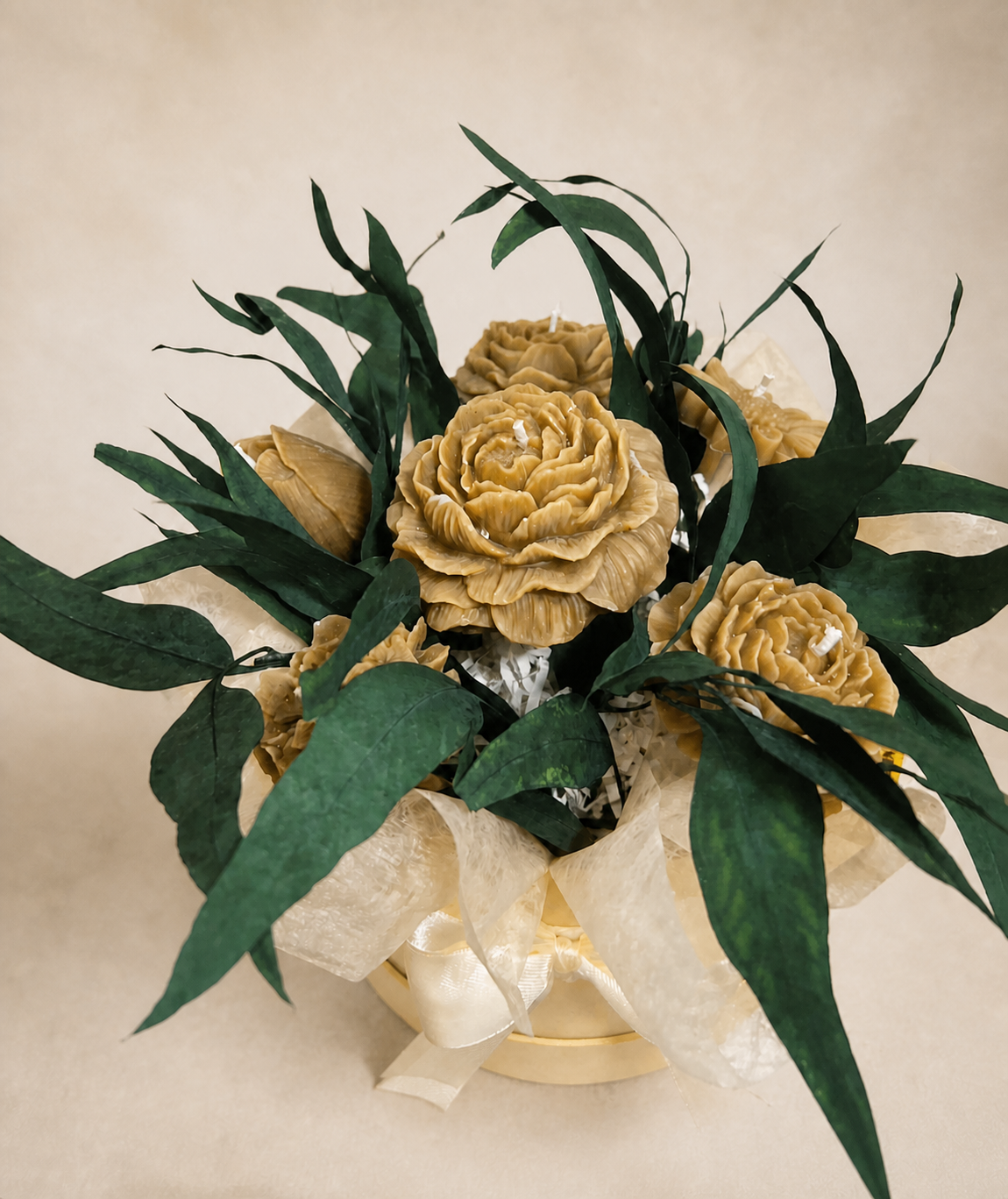 Gold six-flower candle bouquet with eucalyptus foliage