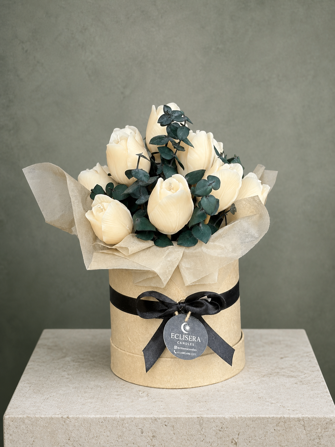 Ivory tulip candle bouquet with natural meadow botanicals