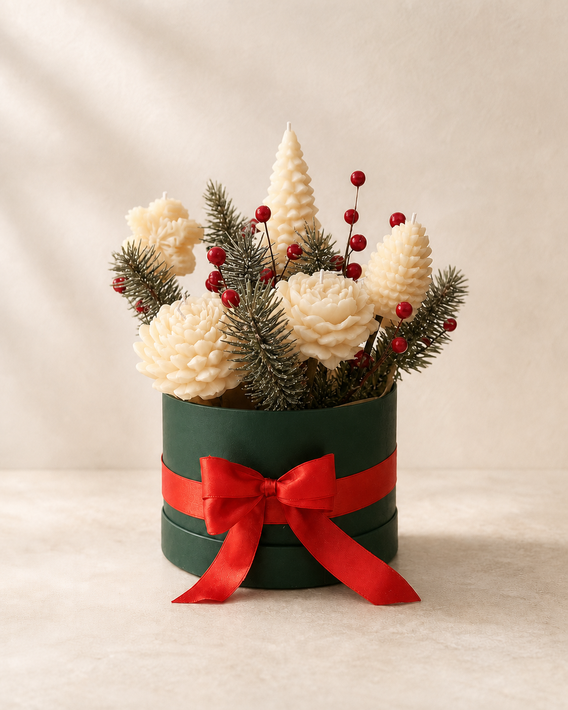 Holiday candle bouquet with ivory tree, pinecones, red berries and a red bow