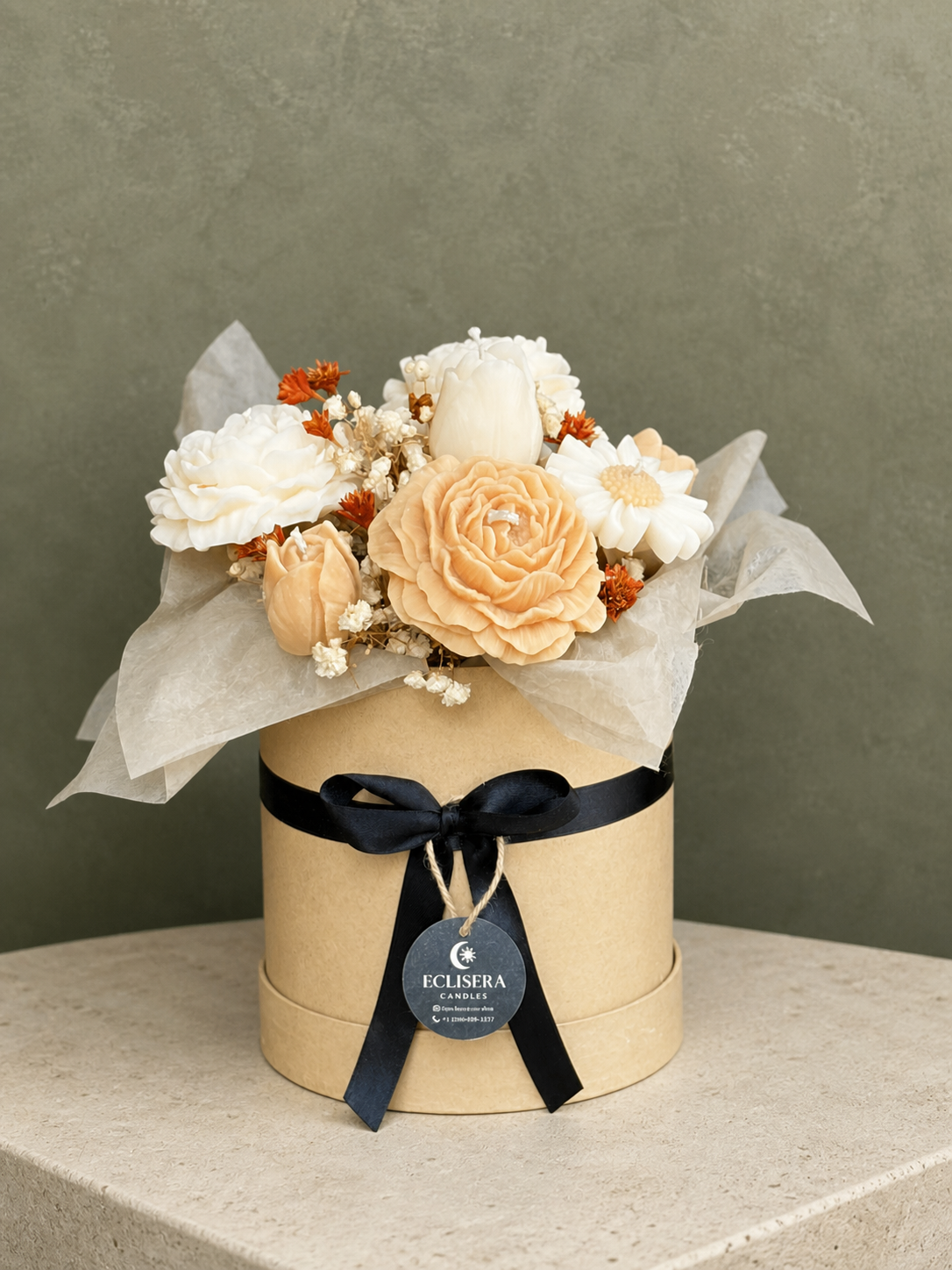Complete ivory and apricot floral candle bouquet presented for elevated Eclisera gifting